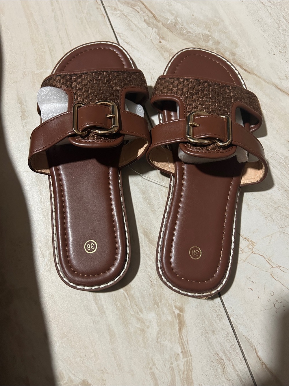 Angel Dear Brown Woven Slide Sandals with Gold Buckle